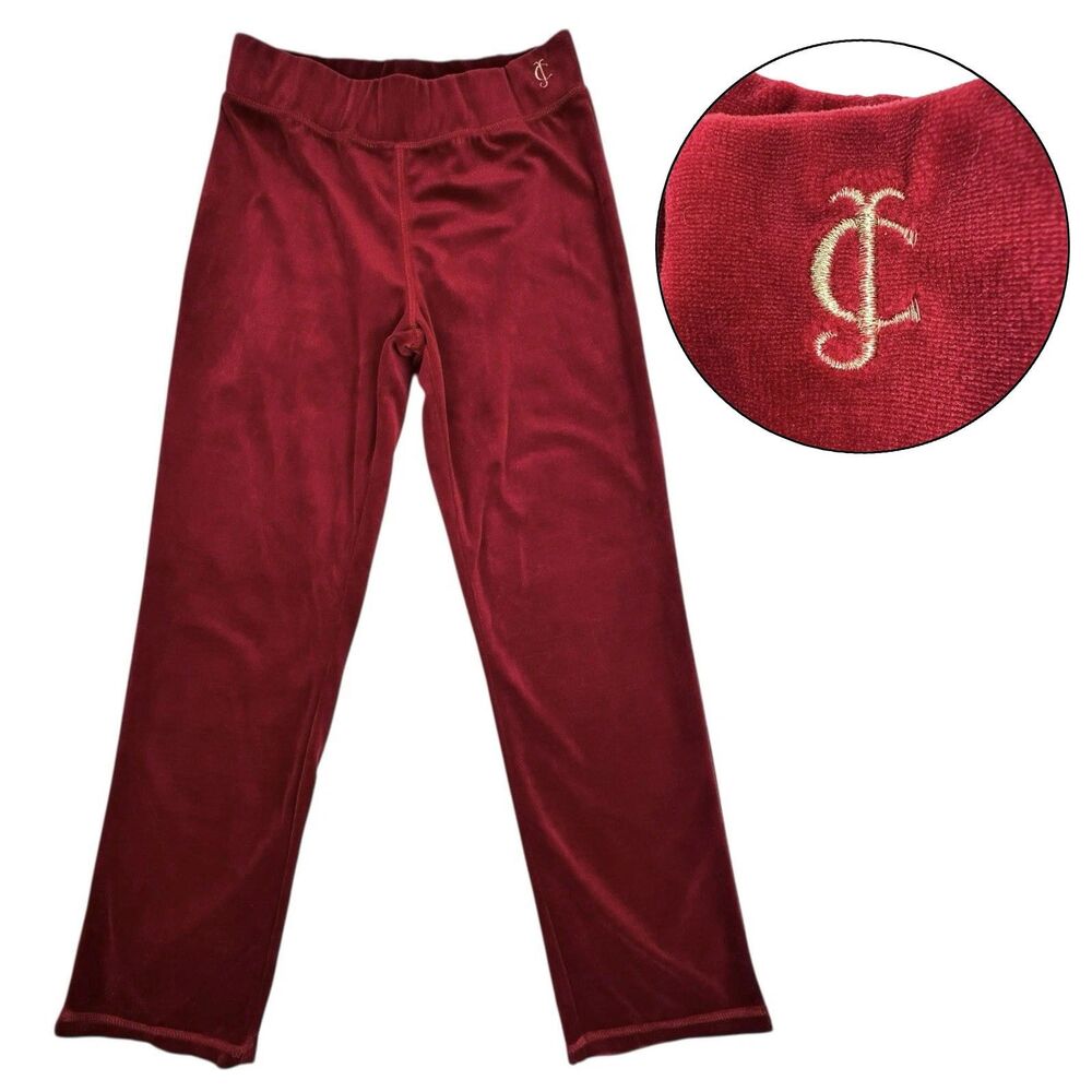 Juicy Couture Girls Velour Pants Red M 8-10 Y2K Lounge Elastic Waist‎ Logo